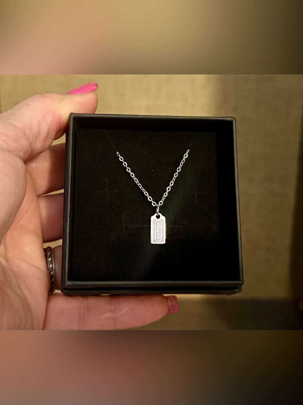 Coach Lavender Enamel Mini Hang Tag Pendant .925 Sterling Silver Necklace